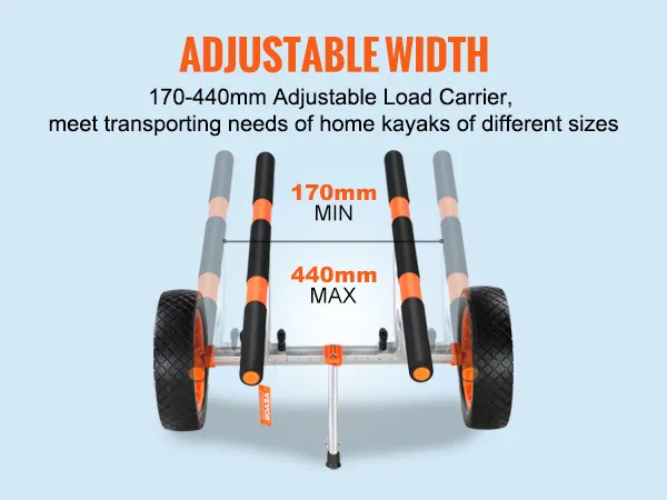 VEVOR kayak cart with adjustable load carrier for transporting kayaks between 170-440mm in width.