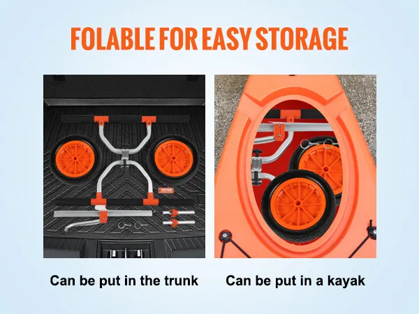 VEVOR kayak cart in trunk and kayak, detachable for easy storage, orange wheels and gray frame.