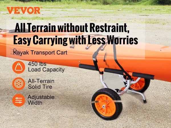 VEVOR kayak cart with orange kayak, solid tires, adjustable width, and 450 lbs load capacity.