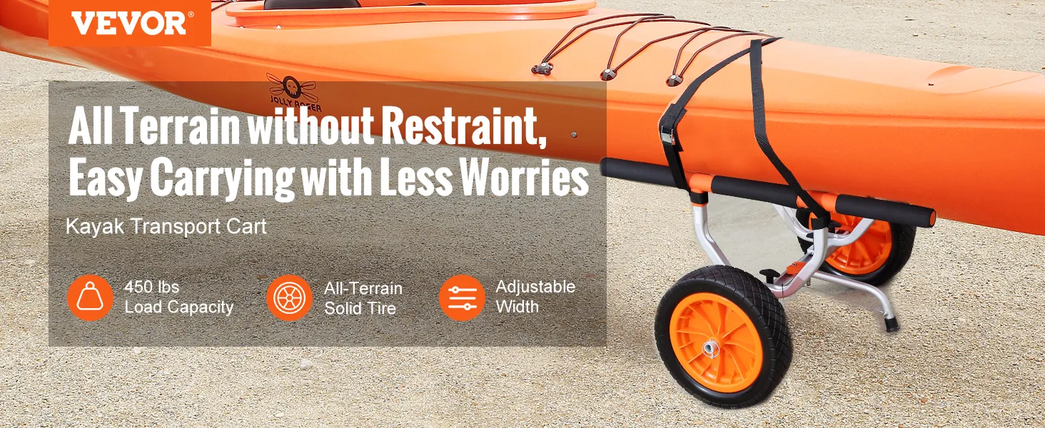 VEVOR kayak cart with orange kayak, solid tires, adjustable width, and 450 lbs load capacity.