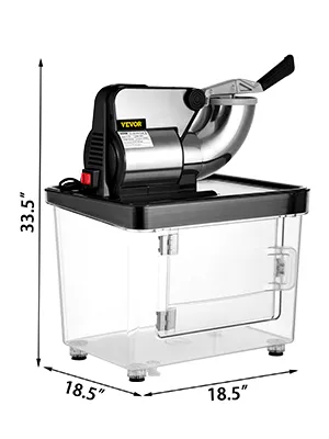 Trituradora de hielo VEVOR con dimensiones 33,5"x18,5"x18,5", diseño de acero inoxidable y contenedor transparente.