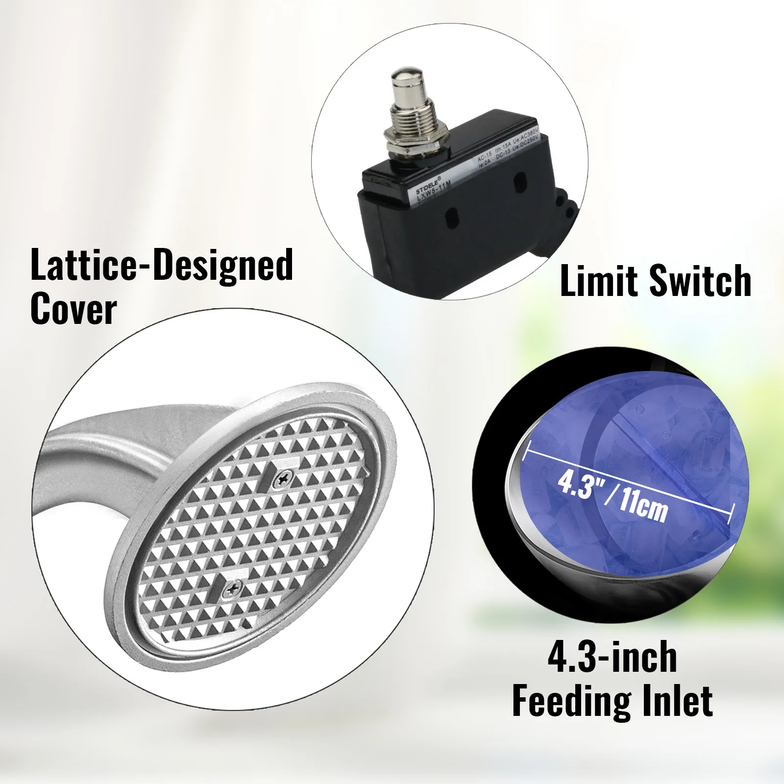 Cubierta con diseño de celosía, interruptor de límite y entrada de alimentación de 4,3 pulgadas en la trituradora de hielo VEVOR.