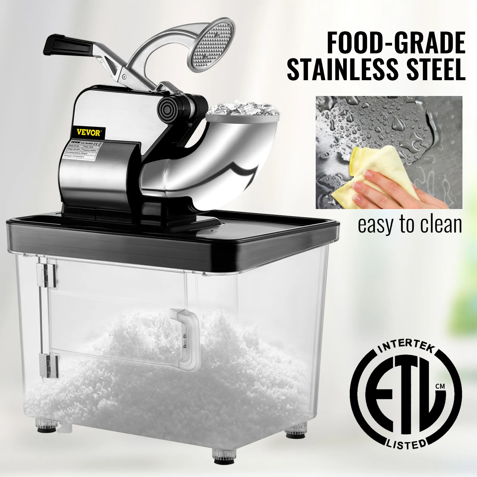 Trituradora de hielo VEVOR, acero inoxidable apto para uso alimentario, fácil de limpiar, homologado ETL.