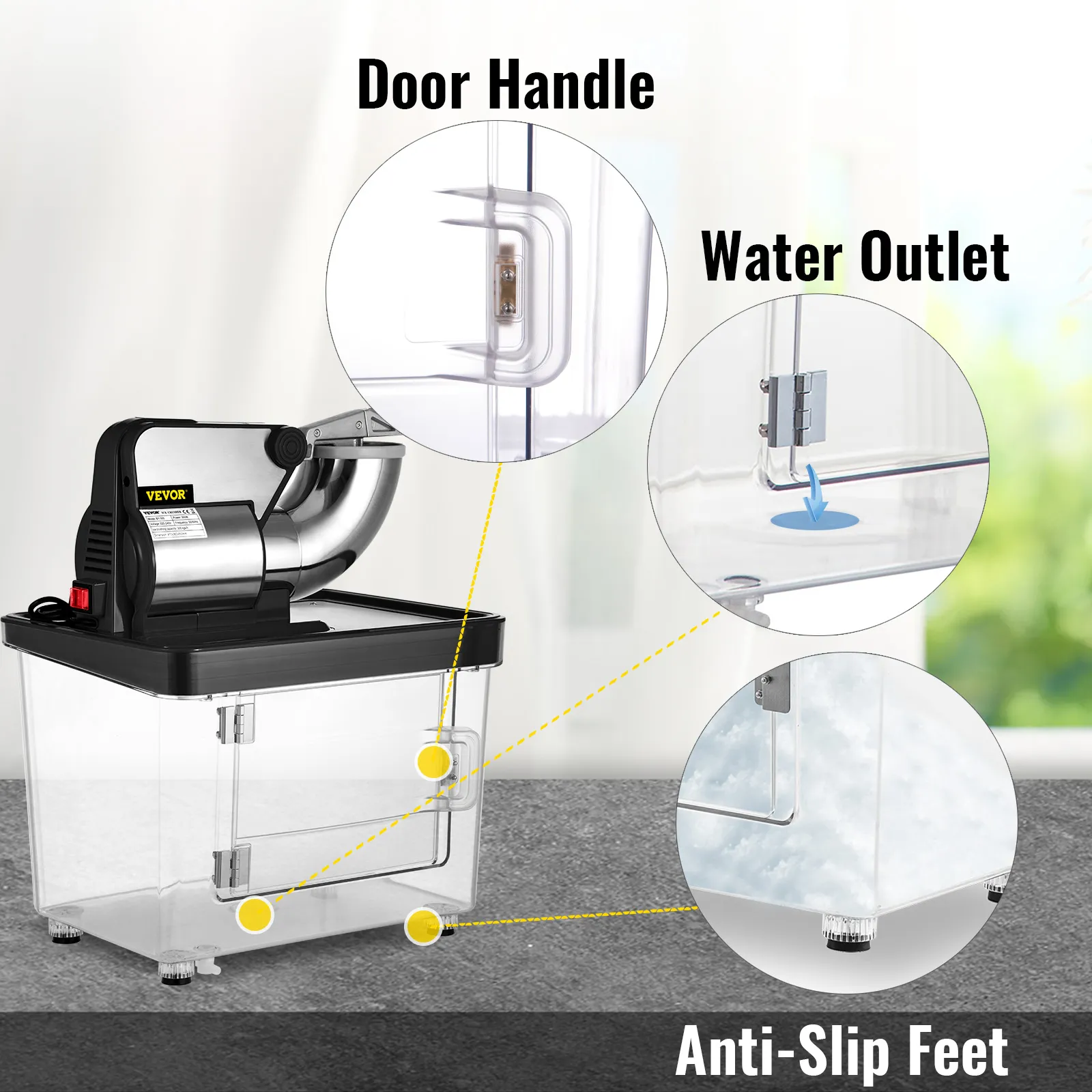 Trituradora de hielo VEVOR con manija en la puerta, salida de agua y patas antideslizantes.