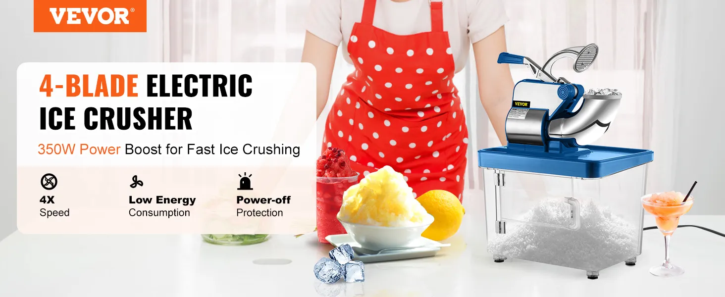 Trituradora de hielo VEVOR con diseño eléctrico de 4 cuchillas, aumento de potencia de 350 W, delantal de lunares rojos.
