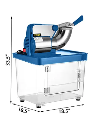 Trituradora de hielo VEVOR con base azul y depósito de hielo transparente, dimensiones incluidas.