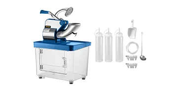 Trituradora de hielo VEVOR con recipiente transparente, tapa azul, accesorios que incluyen botellas y pala.