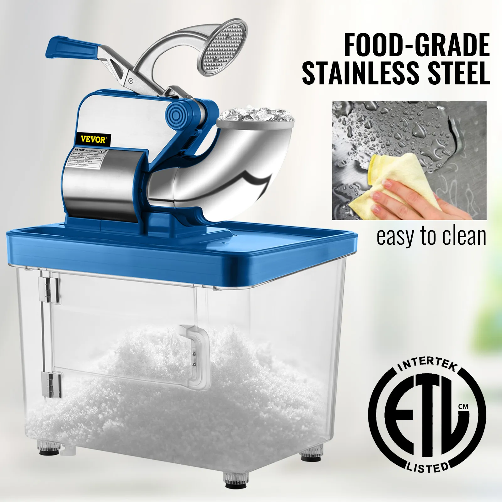 Trituradora de hielo VEVOR con acero inoxidable apto para uso alimentario, fácil de limpiar y homologada por ETL.