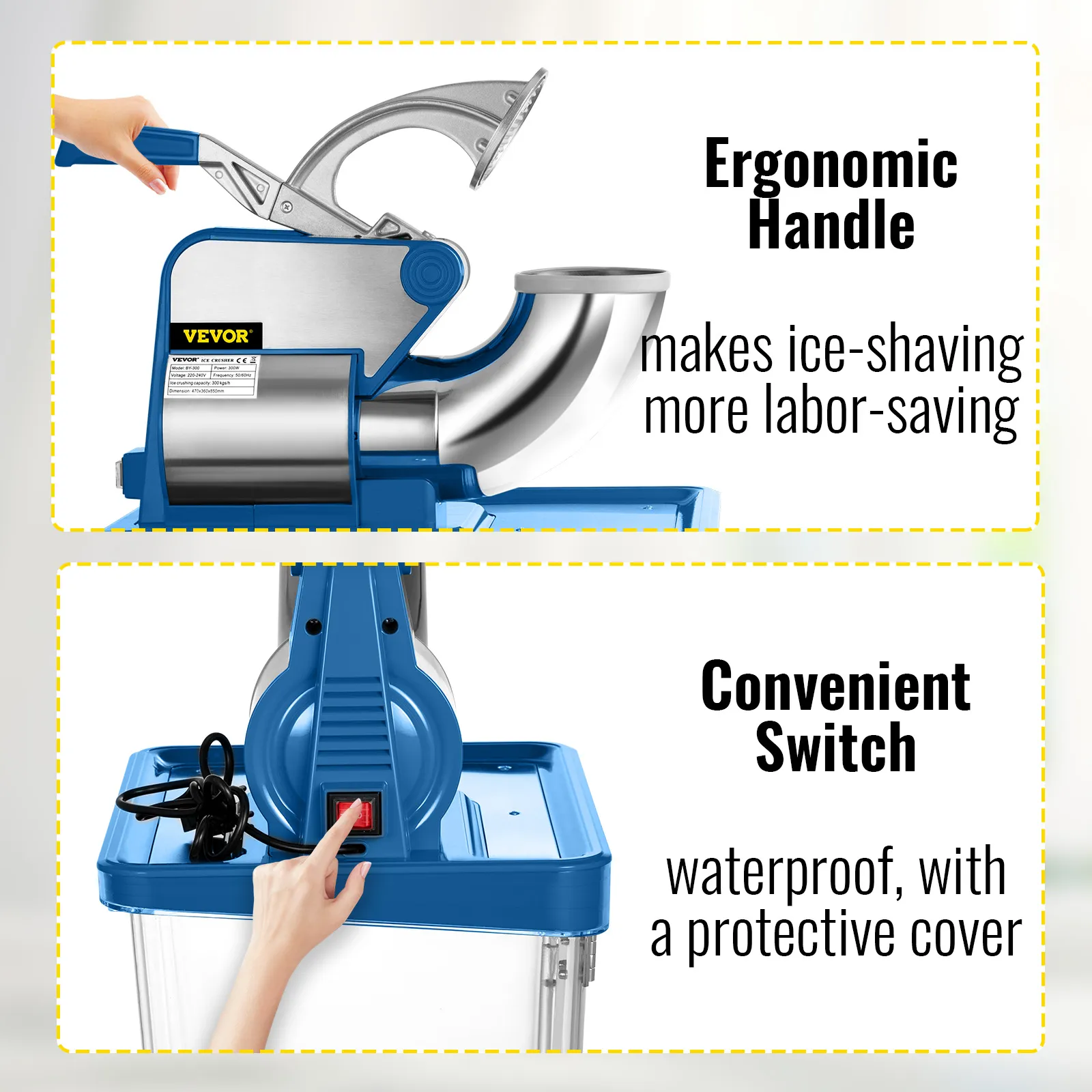 Trituradora de hielo VEVOR con mango ergonómico y cómodo interruptor impermeable.