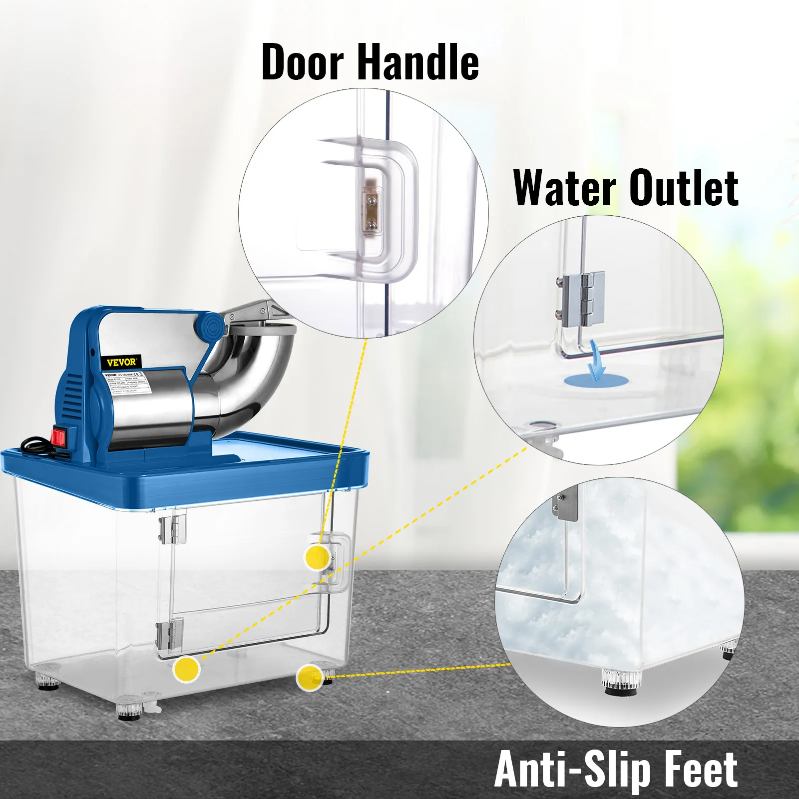 Trituradora de hielo VEVOR con manija en la puerta, salida de agua y patas antideslizantes.