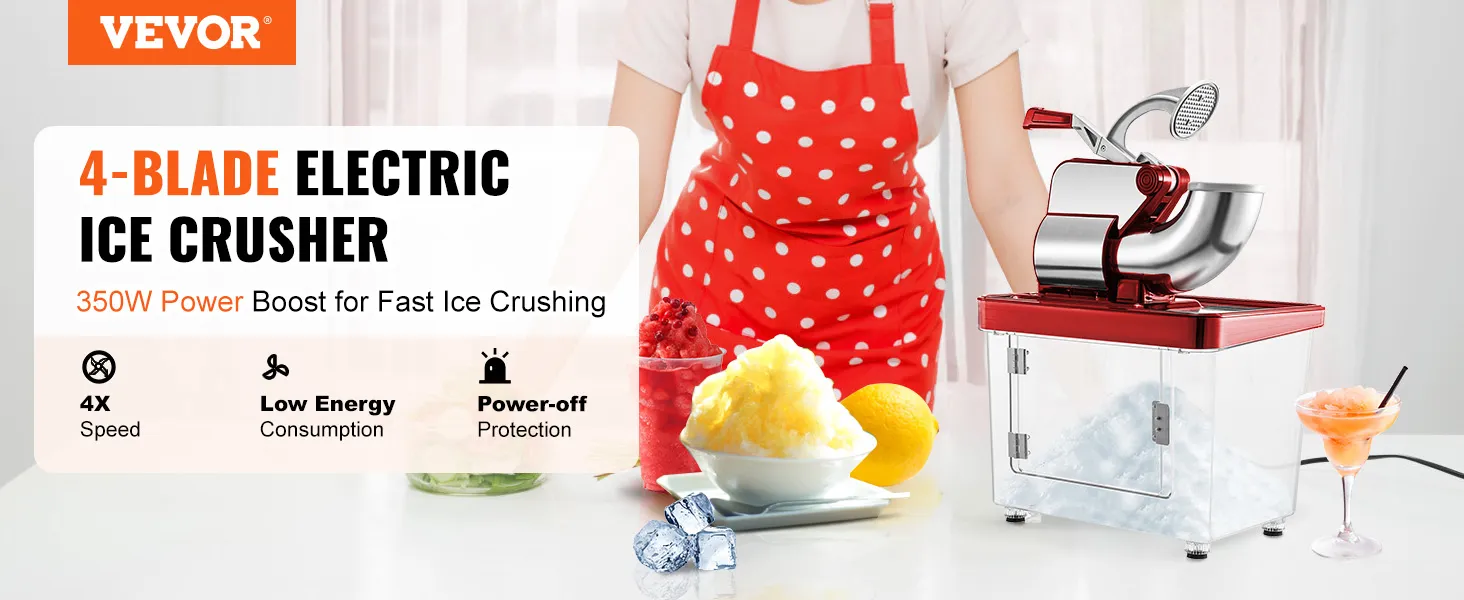 VEVOR ice crusher 4-blade electric with 350w power, shown with shaved ice desserts.