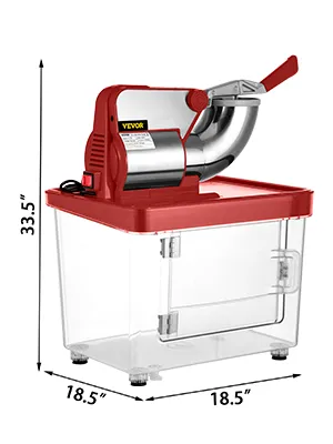 VEVOR ice crusher, stainless steel body, red handle, 33.5"x18.5"x18.5".