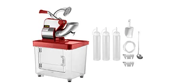 VEVOR ice crusher with storage box, three bottles, ladle, tongs, and shovel.