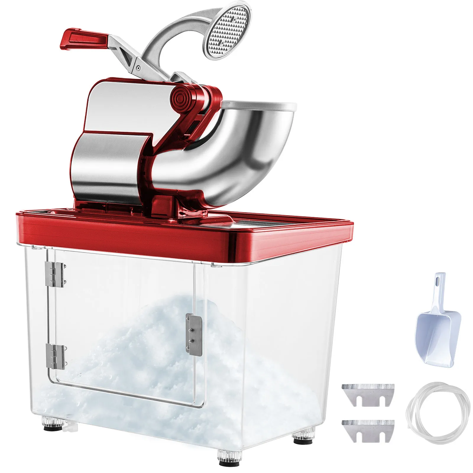 VEVOR ice crusher with stainless steel body, red accents, accessories, and collected ice.