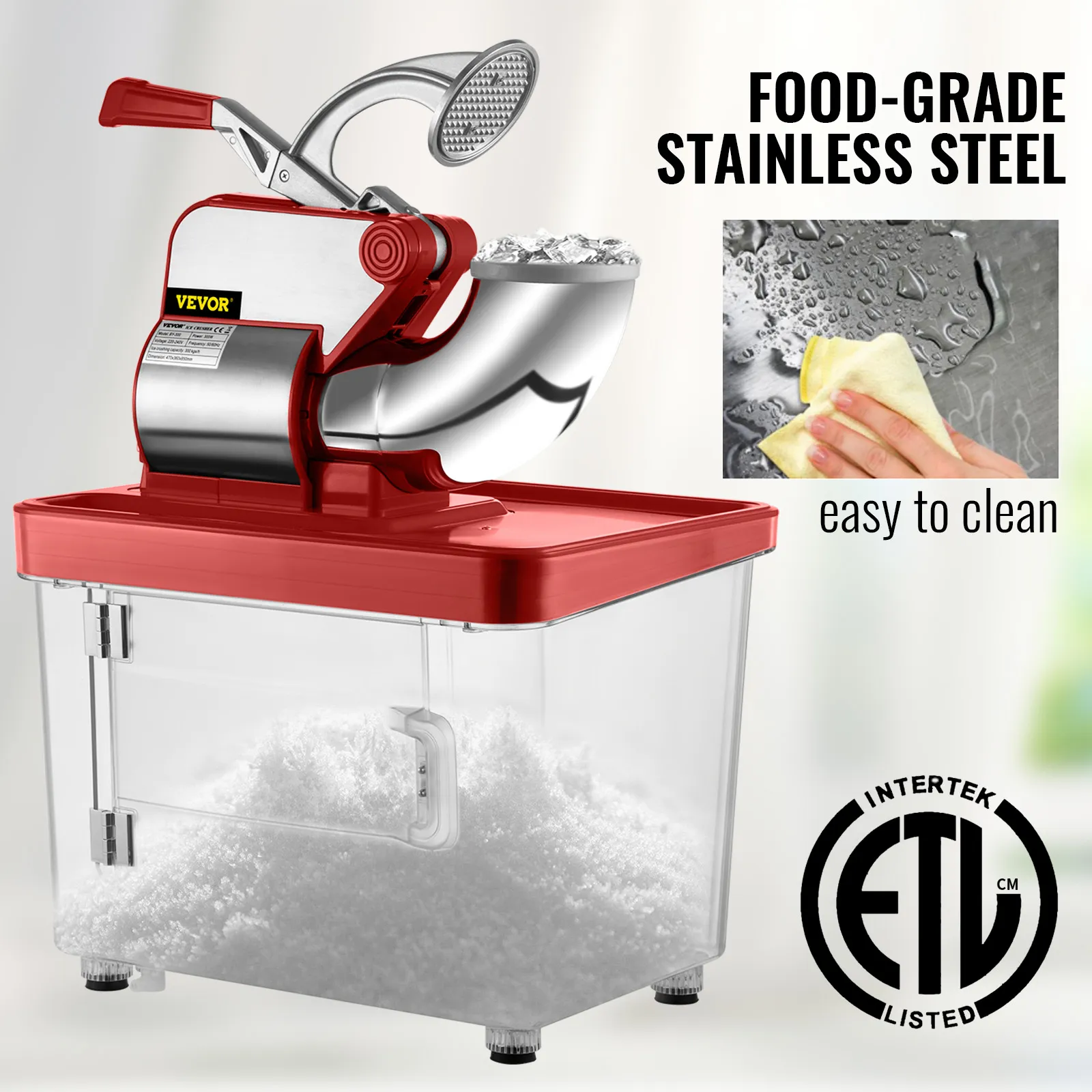 VEVOR ice crusher with food-grade stainless steel, easy to clean, etl listed.