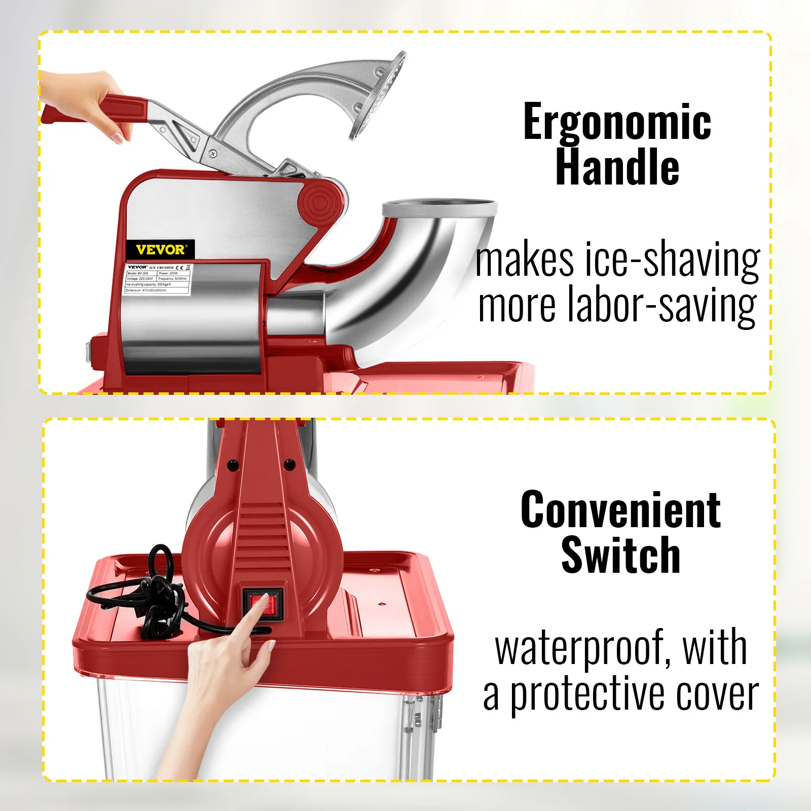 ergonomic handle and waterproof switch on VEVOR ice crusher for easy ice-shaving.
