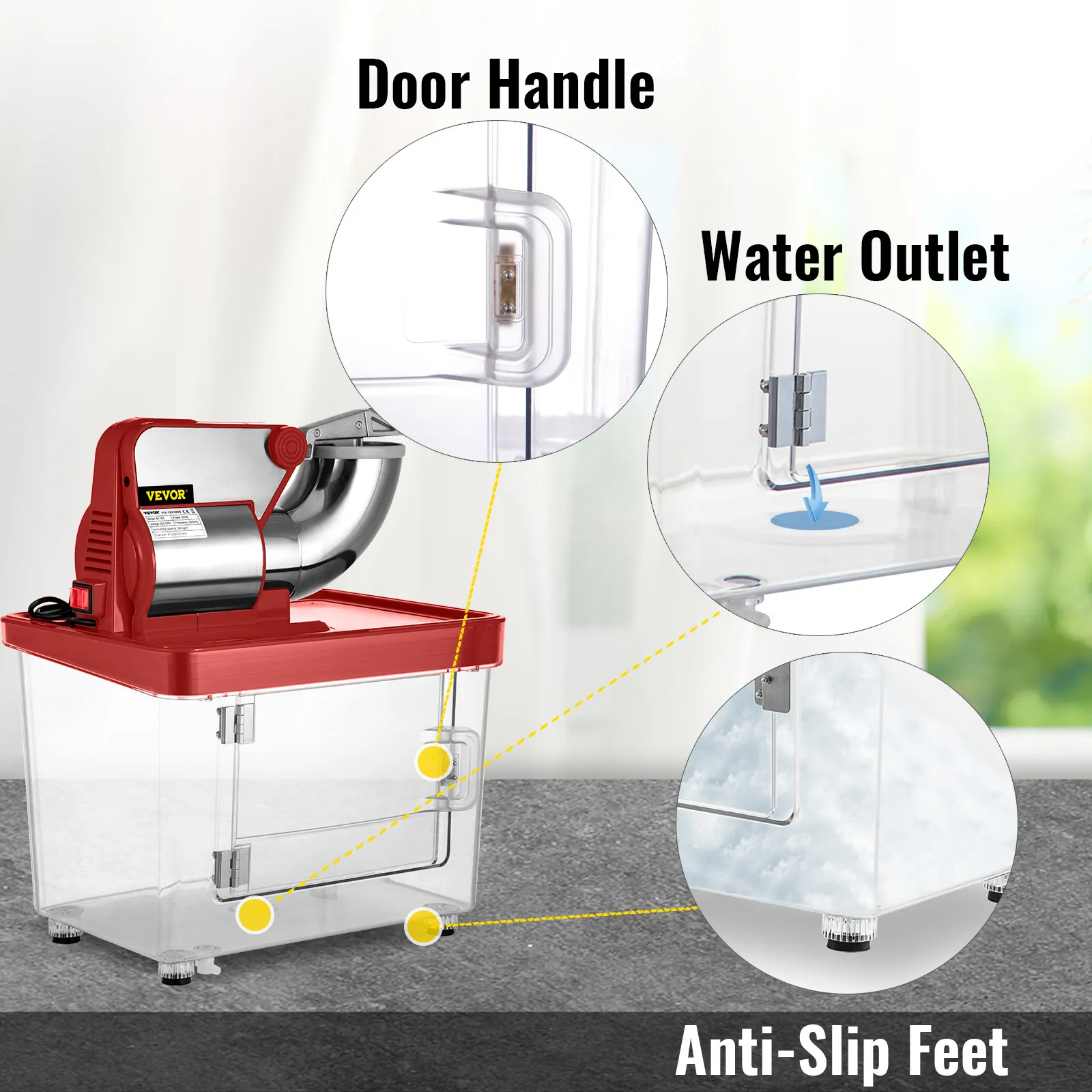VEVOR ice crusher with door handle, water outlet, and anti-slip feet features.