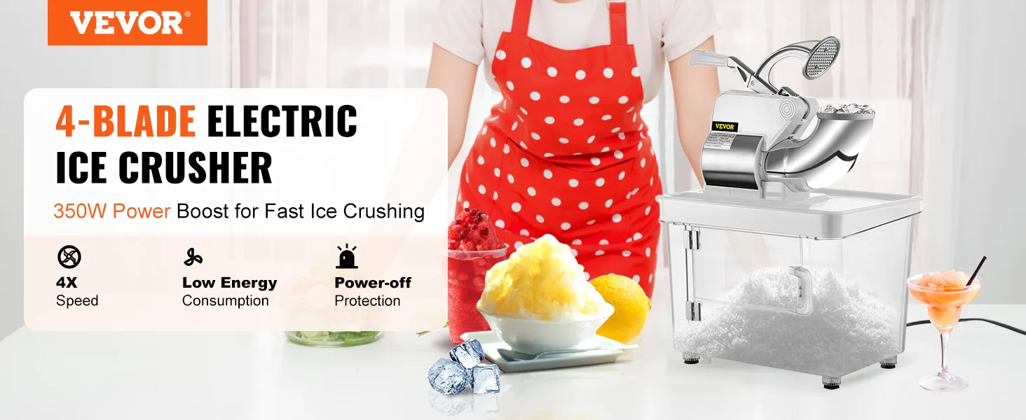 VEVOR commercial ice crusher with 4-blade electric design, 350w power, and ice treats.