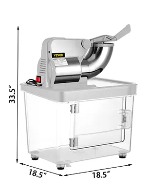 VEVOR commercial ice crusher with clear bin and dimensions of 33.5” x 18.5” x 18.5”.