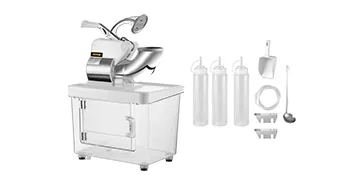 VEVOR commercial ice crusher with four bottles, shovel, and accessories in white.
