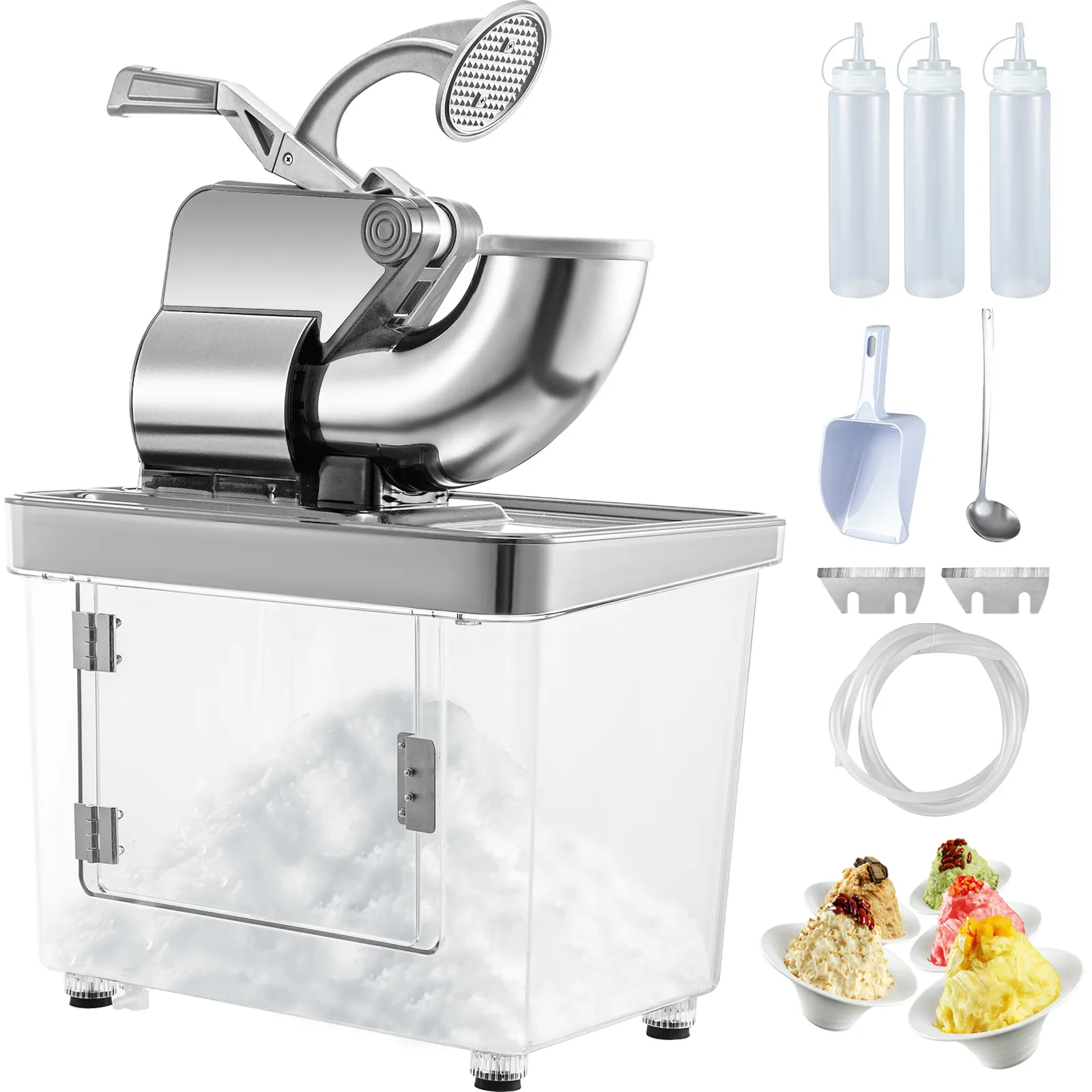 VEVOR commercial ice crusher with ice shavings, syrup bottles, scoop, spoon, blades, and cups