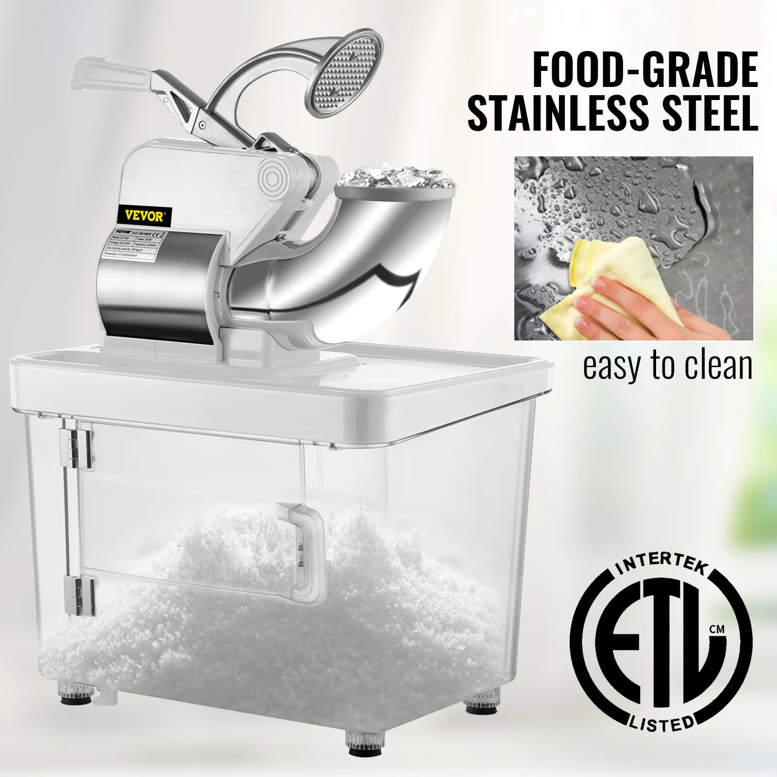 VEVOR commercial ice crusher with food-grade stainless steel, easy to clean.