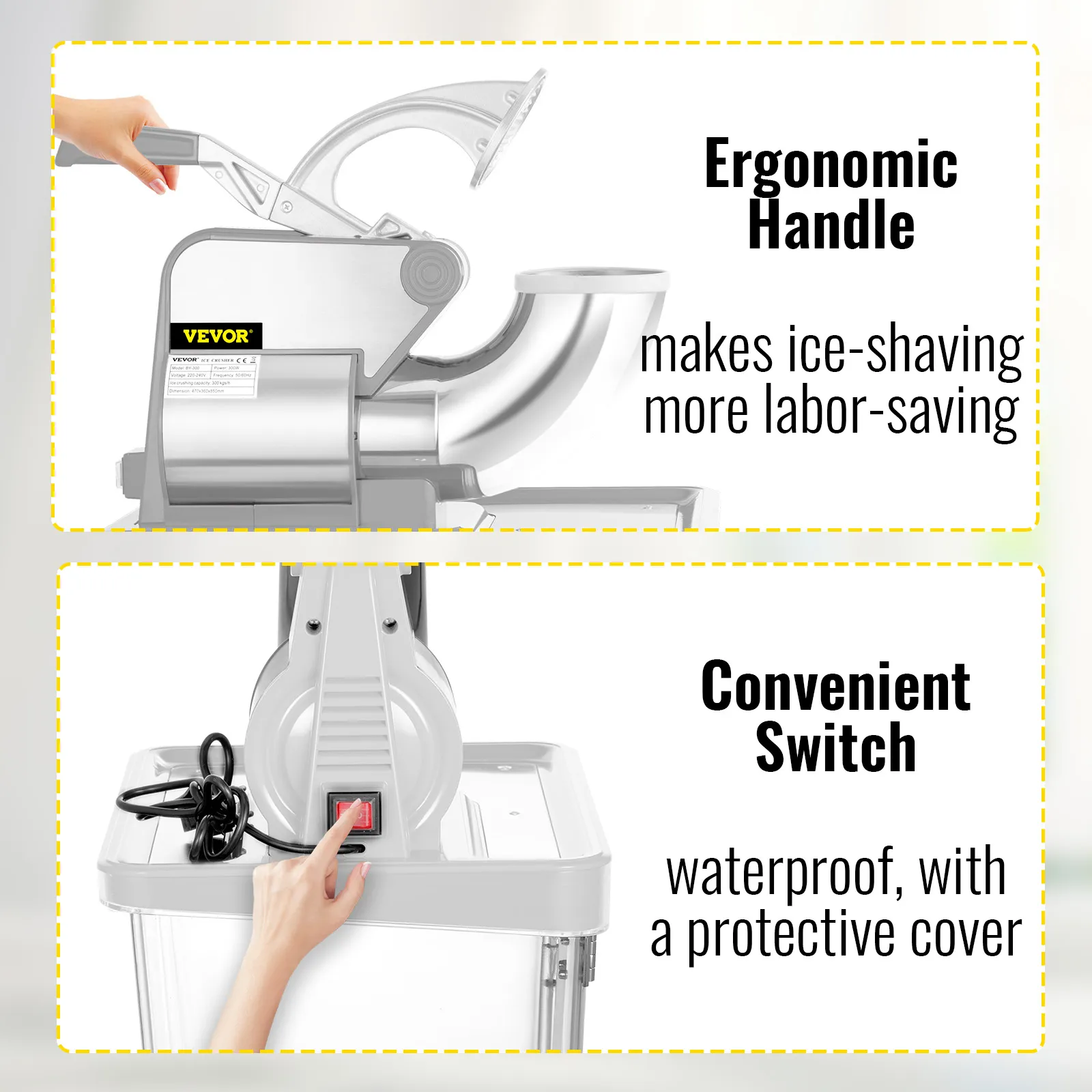 VEVOR commercial ice crusher with ergonomic handle and waterproof switch.