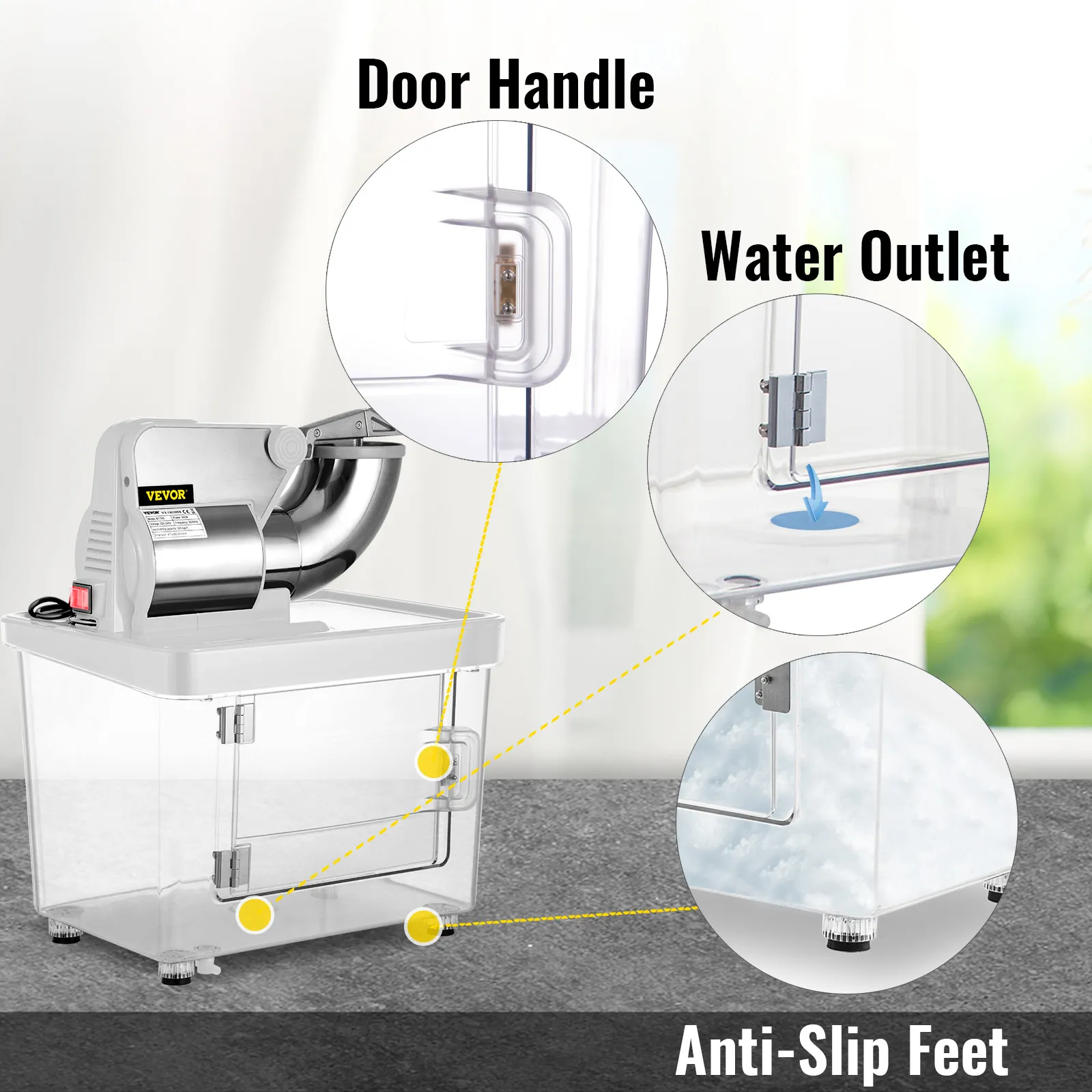 VEVOR commercial ice crusher with door handle, water outlet, and anti-slip feet.