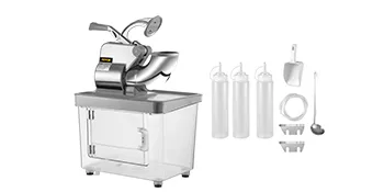 VEVOR ice crusher with attached container, ice scoop, bottles, and accessories.