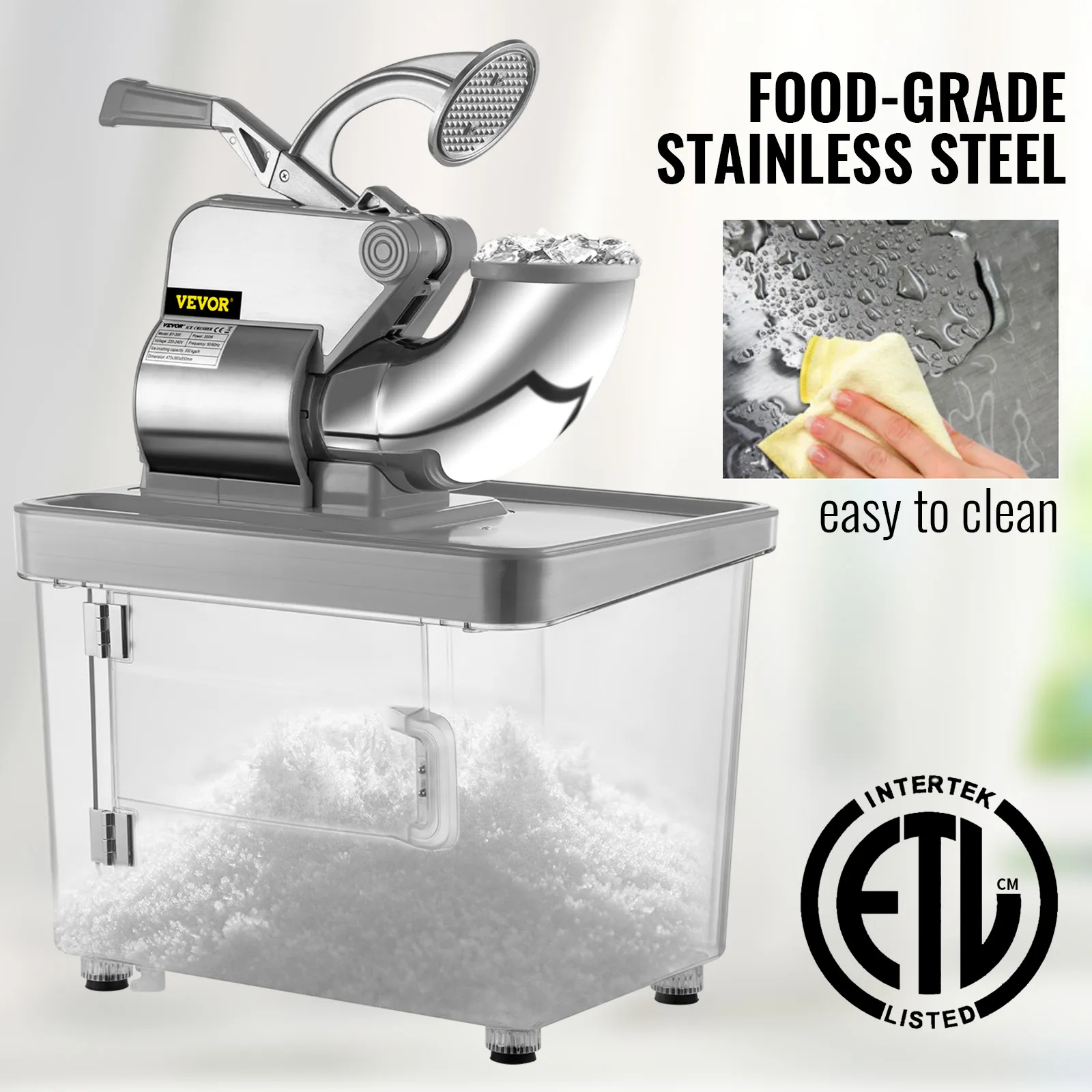 VEVOR ice crusher with food-grade stainless steel, easy to clean, etl listed.