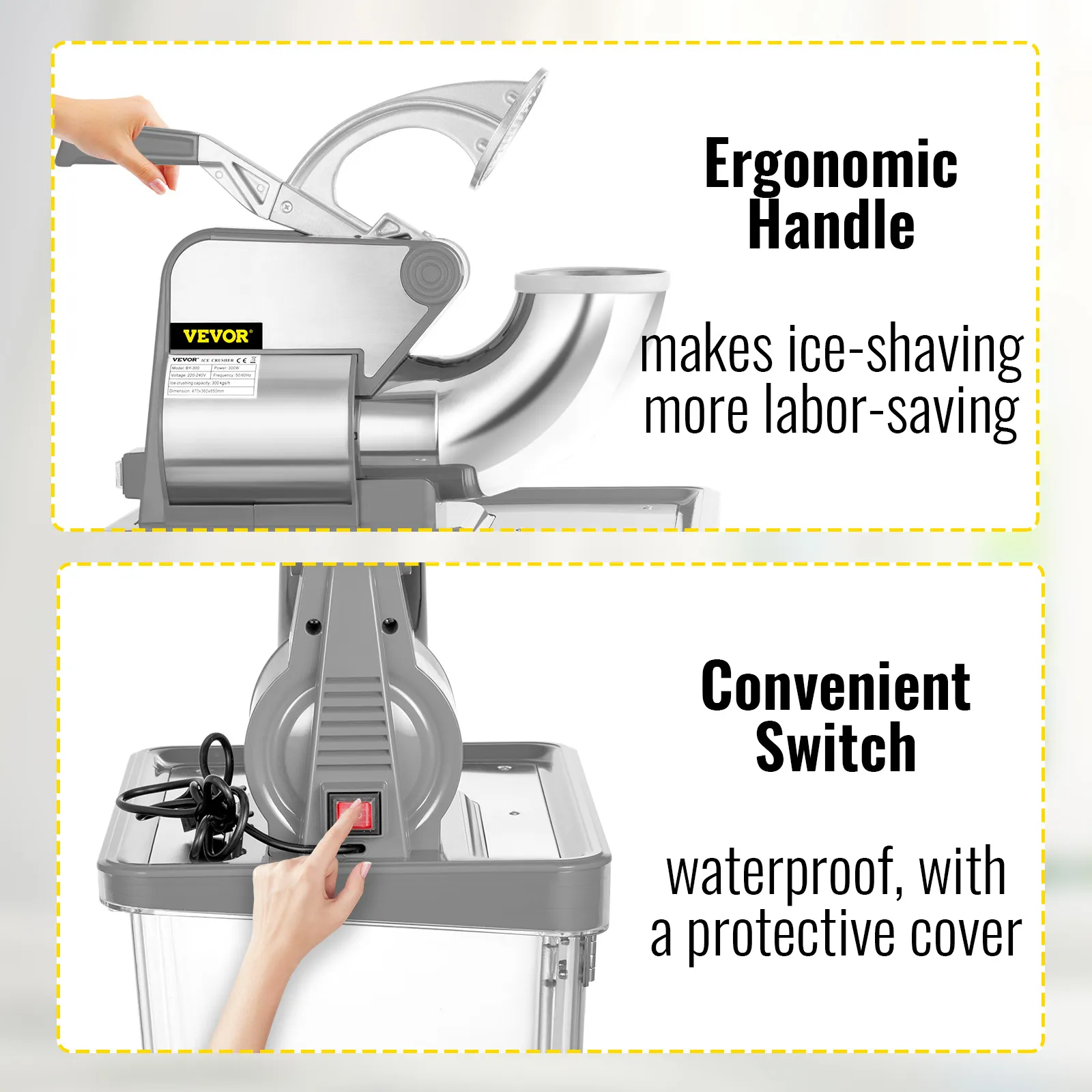 VEVOR ice crusher with ergonomic handle and convenient waterproof switch.