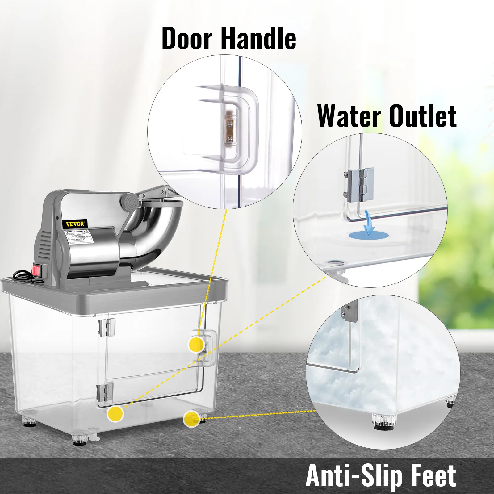 VEVOR ice crusher featuring door handle, water outlet, and anti-slip feet.