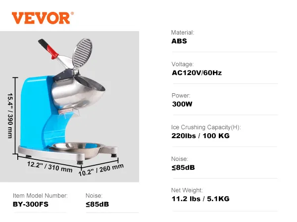 VEVOR ice crusher machine, 220lbs capacity, 300w power, abs material, and 4-blade design.
