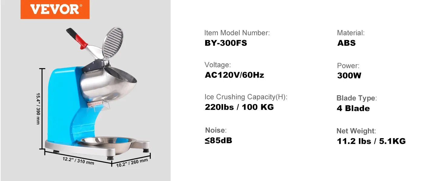 VEVOR ice crusher machine, 220lbs capacity, 300w power, abs material, and 4-blade design.