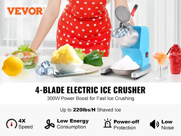 VEVOR ice crusher machine, 4-blade electric ice crusher, 220lbs/hr, 300w power boost for fast ice crushing
