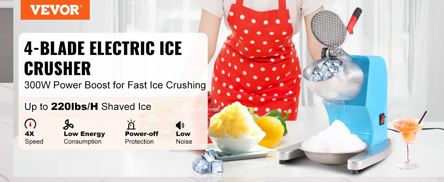 VEVOR ice crusher machine, 4-blade electric ice crusher, 220lbs/hr, 300w power boost for fast ice crushing