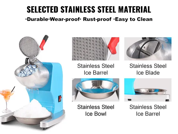 VEVOR ice crusher machine with stainless steel body, ice barrel, blade, and bowl, durable and easy to clean.