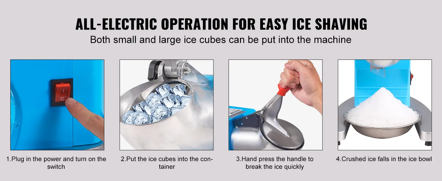 VEVOR ice crusher machine operation steps: power switch, ice cubes, handle press, ice bowl with crushed ice.