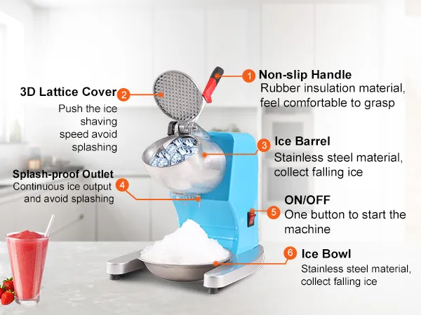 VEVOR ice crusher machine in kitchen with ice barrel, splash-proof outlet, non-slip handle, and ice bowl.