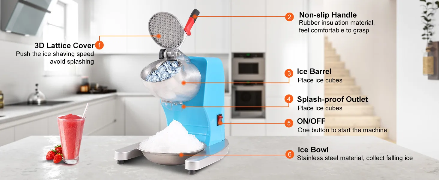 VEVOR ice crusher machine in kitchen with ice barrel, splash-proof outlet, non-slip handle, and ice bowl.