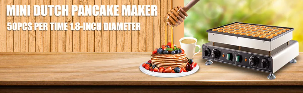 Mini máquina para hacer panqueques holandeses VEVOR con una pila de panqueques, café y miel.