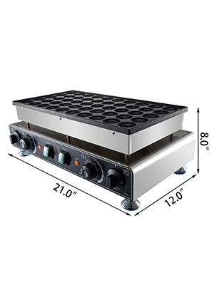 Mini máquina para hacer panqueques holandeses VEVOR: dimensiones 21 x 12 x 8 pulgadas, acero inoxidable, placa antiadherente.