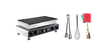 Mini máquina para hacer panqueques holandesa VEVOR con espátulas, batidor, cepillo y paños de limpieza.