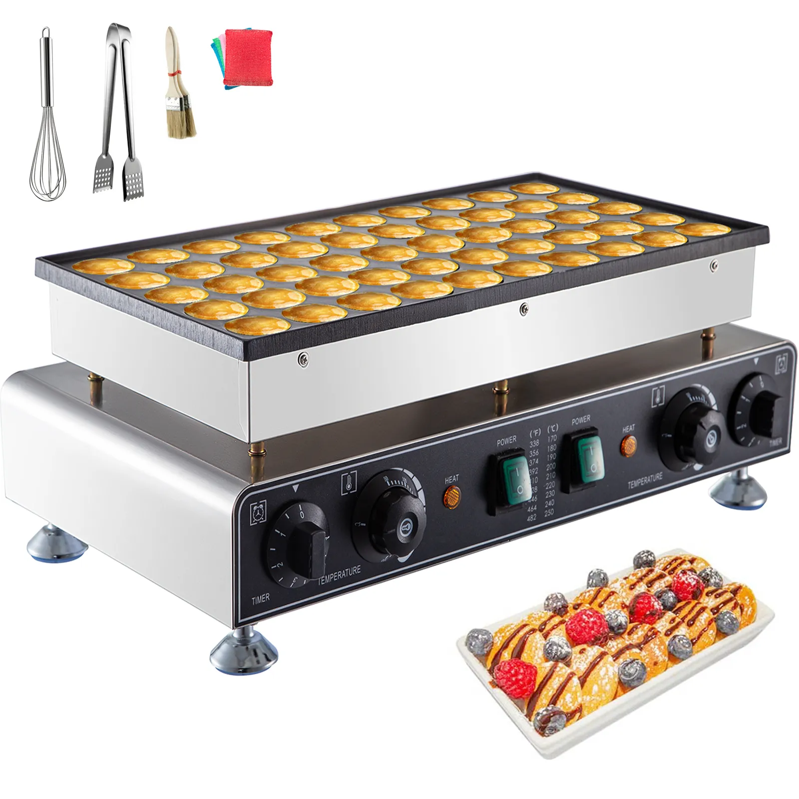 Mini máquina para hacer panqueques holandesa VEVOR con perillas de control y accesorios incluidos.