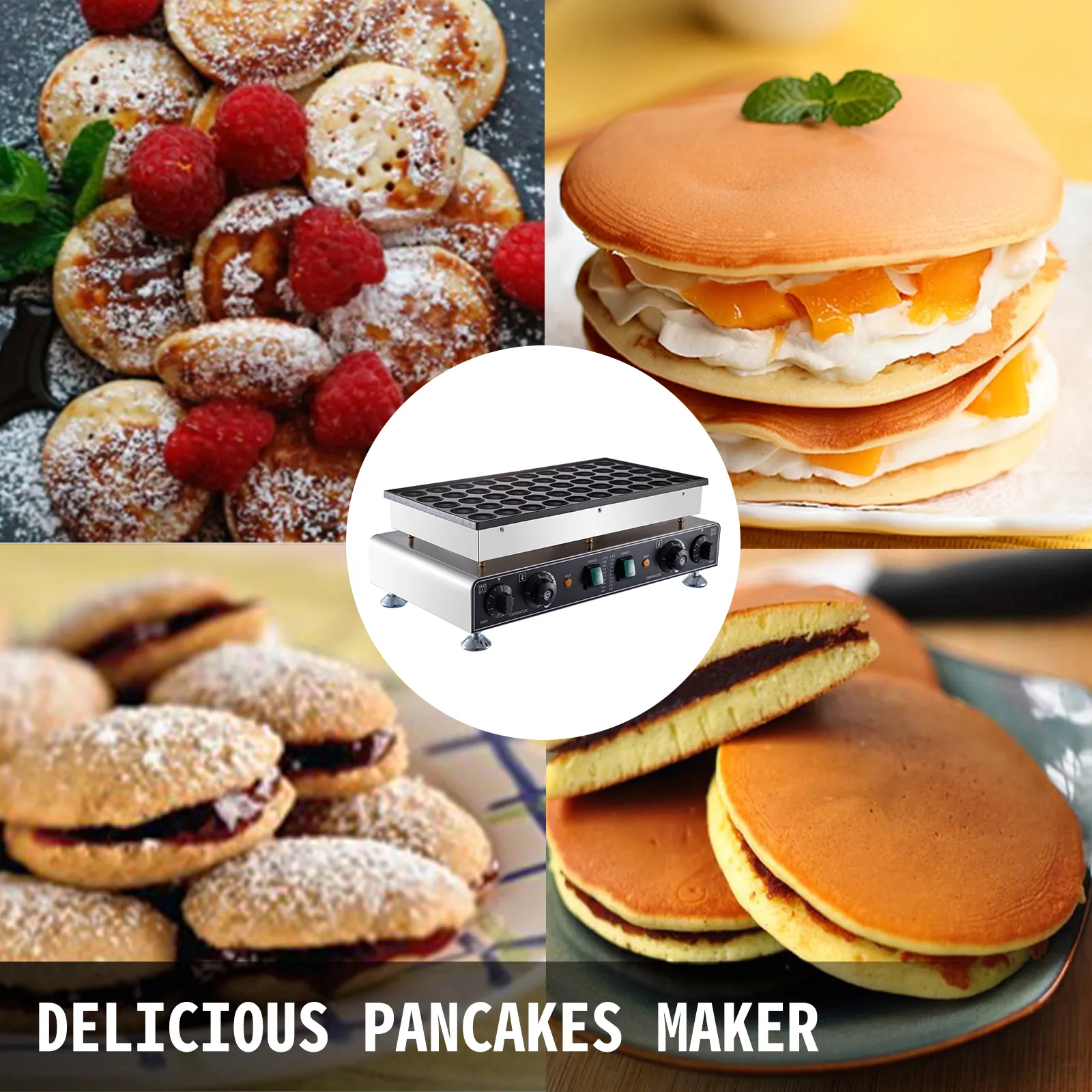 Mini máquina para hacer panqueques holandeses VEVOR que muestra varios panqueques deliciosos.