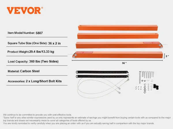 VEVOR model 5807, 36x2 inch carbon steel tubes and accessories, 360 lbs capacity.