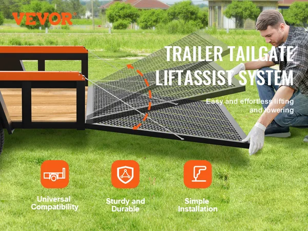 VEVOR trailer tailgate assist system shown with easy and effortless lifting and lowering features.