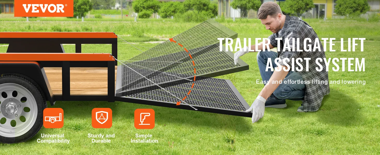 VEVOR trailer tailgate assist system shown with easy and effortless lifting and lowering features.