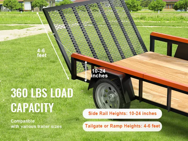 VEVOR trailer tailgate assist, 360 lbs load capacity, side rail heights 10-24 inches, ramp heights 4-6 feet.
