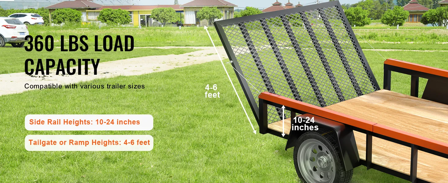 VEVOR trailer tailgate assist, 360 lbs load capacity, side rail heights 10-24 inches, ramp heights 4-6 feet.